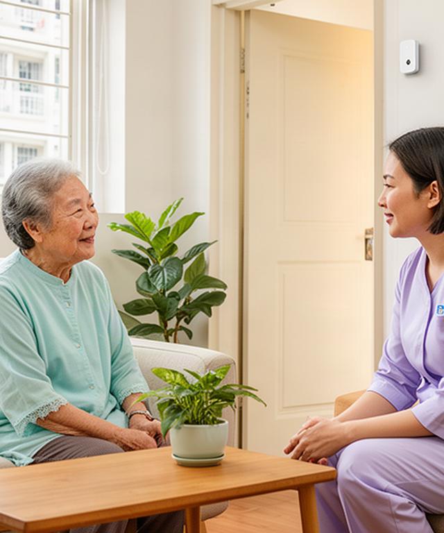 An older Singaporean resident speaking with a family caregiver in a bright HDB flat living room, with a discreet home sensor near the doorway