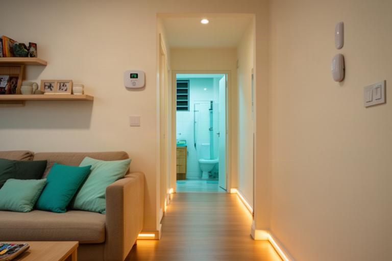 A lived-in three-room HDB flat with a clear corridor, discreet motion sensor and warm low-level night lighting