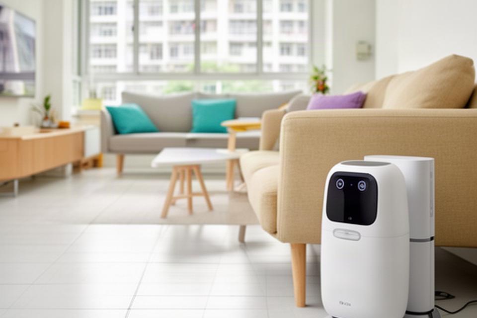 Compact home robot docked beside a sofa in a bright Singapore HDB living room