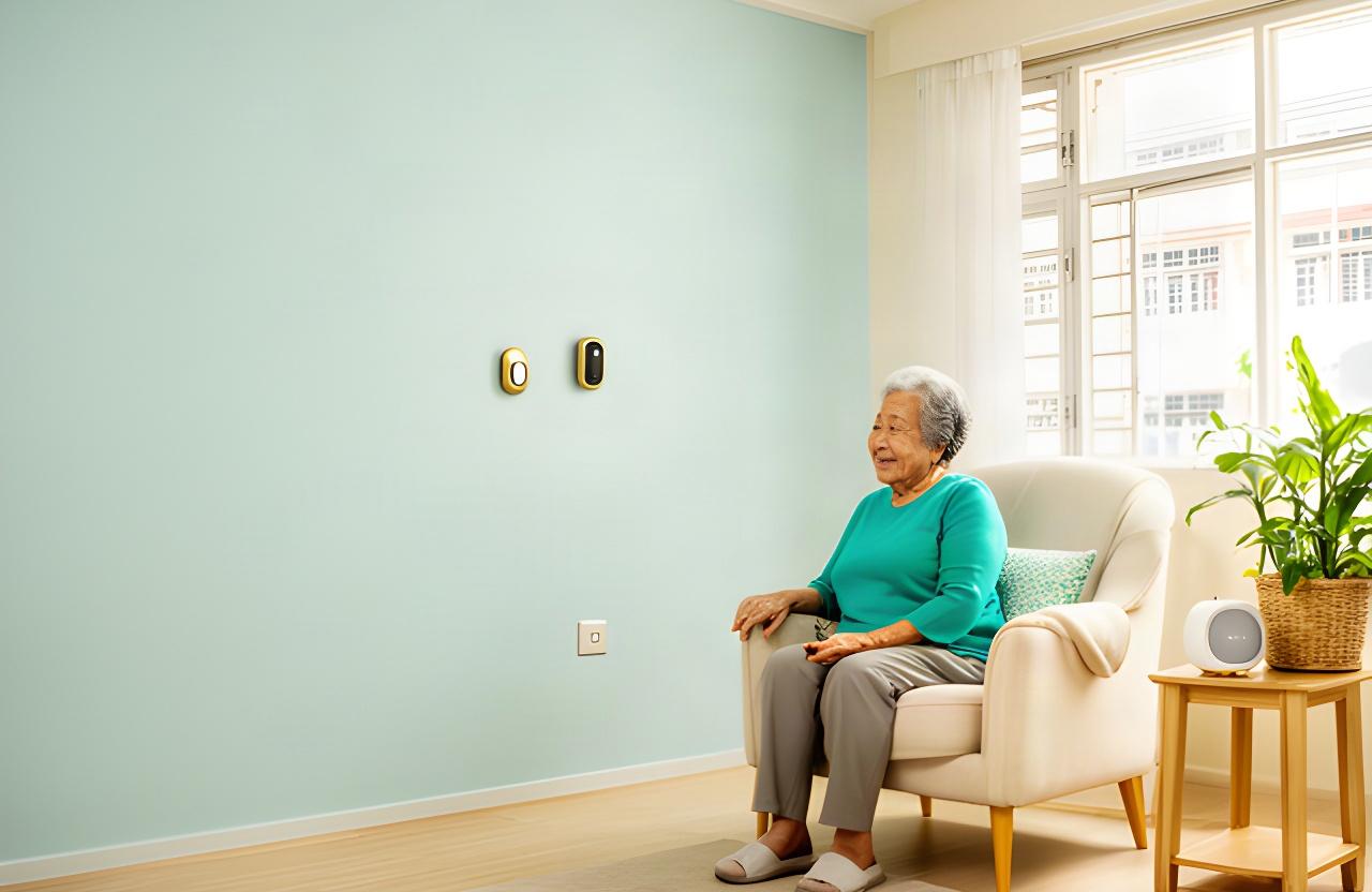 Older Singaporean woman using a voice assistant beside an armchair in a bright three-room HDB flat living room