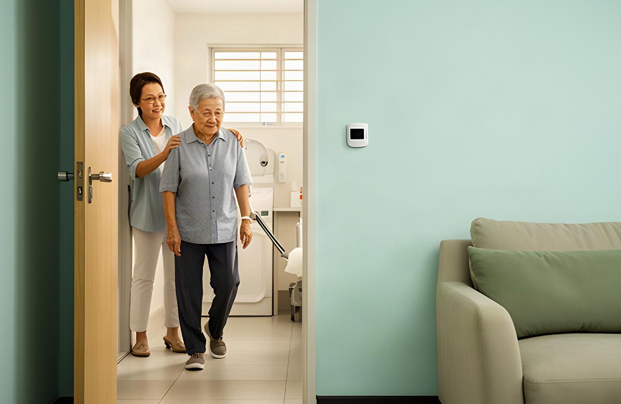 A senior returning to a Singapore HDB flat, with a clear corridor lighting route and a discreet temporary sensor near the living area