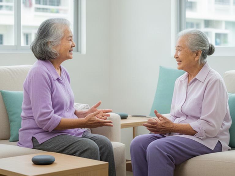Older adult speaking with a family member in a bright Singapore HDB living room with a small smart speaker on the side table