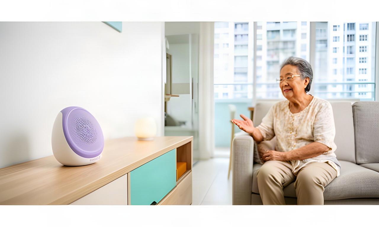 Compact voice assistant on a low sideboard in a bright three-room HDB flat, with a senior seated nearby